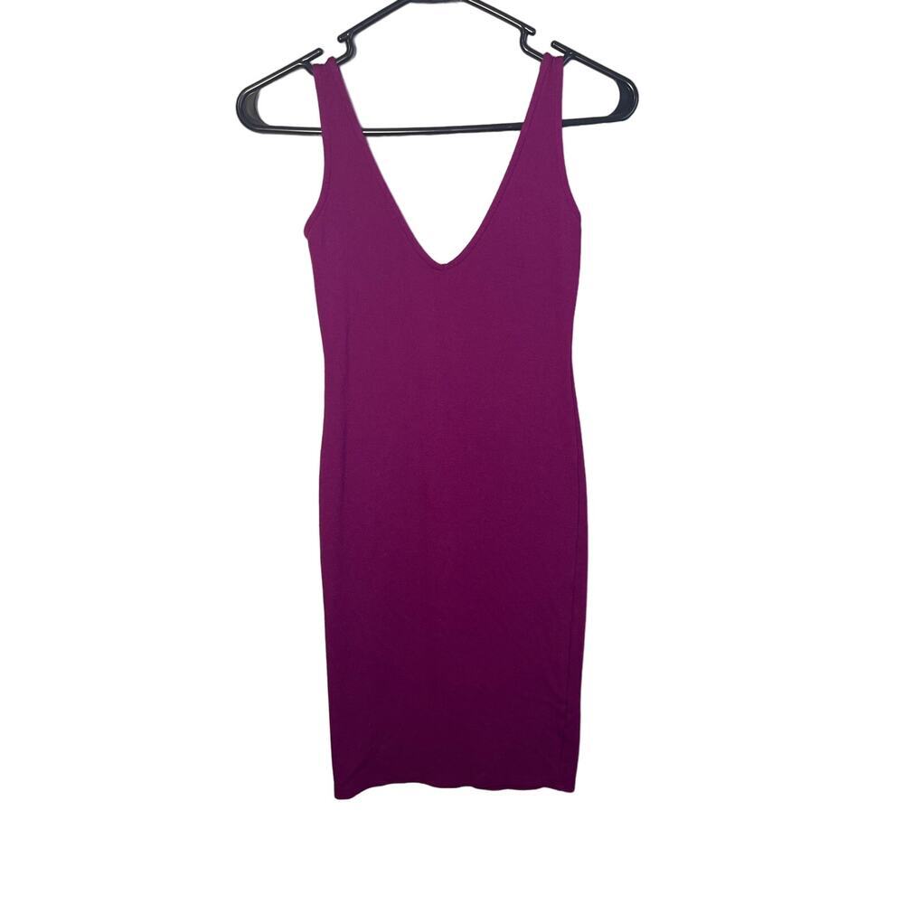 Forever 21 Fuchsia Pink Bodycon Midi Dress Small Deep V Neck Fitted Party Club
